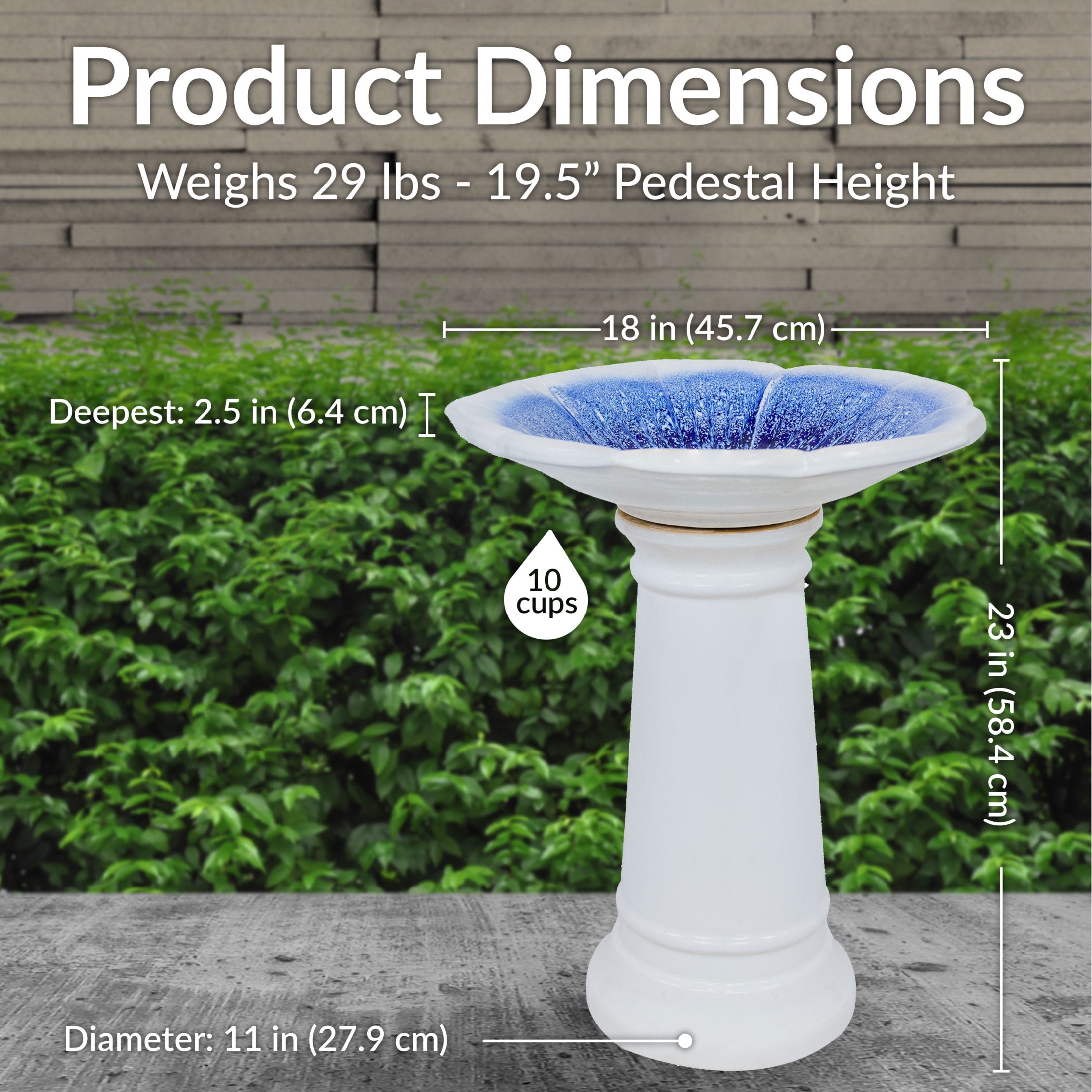 Sunnydaze Misty Blossom Freestanding Ceramic Outdoor Bird Bath, UV-Resistant White and Blue Finish