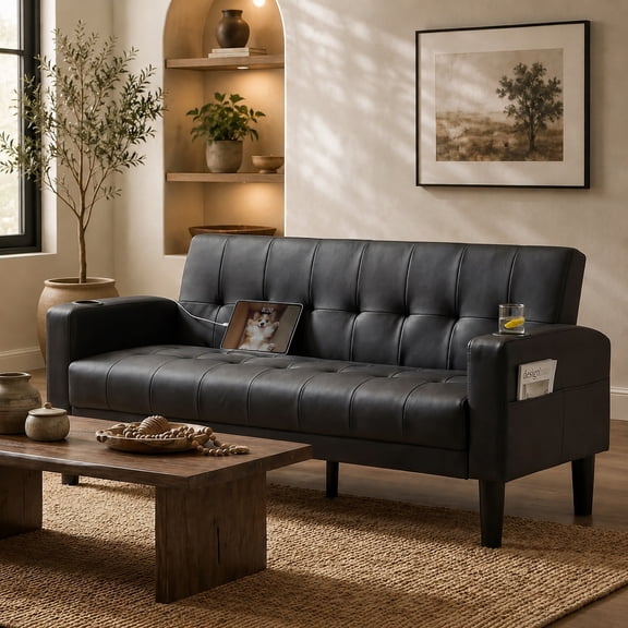 LAZZO 62" Loveseat Sofa, Faux Leather Tufted Couch with USB Charging Ports and Cup Holders, Black