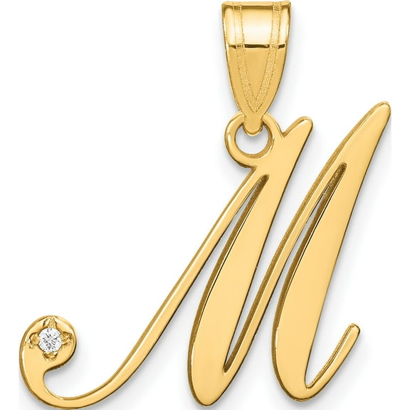 14K Yellow Gold 14Ky Script Letter M Initial Pendant With Diamond (Width 19.44) - Jbsp