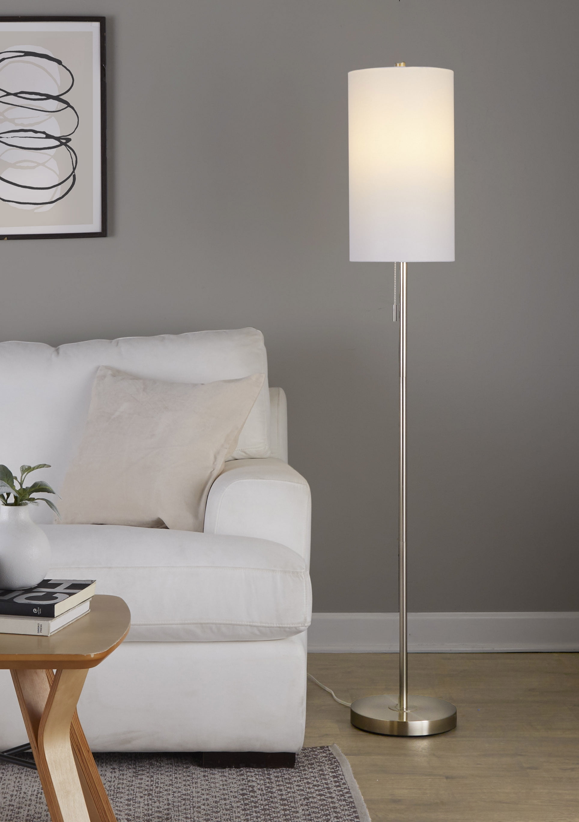 Newest 62" Contemporary Floor Lamp, Brushed Nickel with White Textured Linen Shade for Living Room & Bedroom