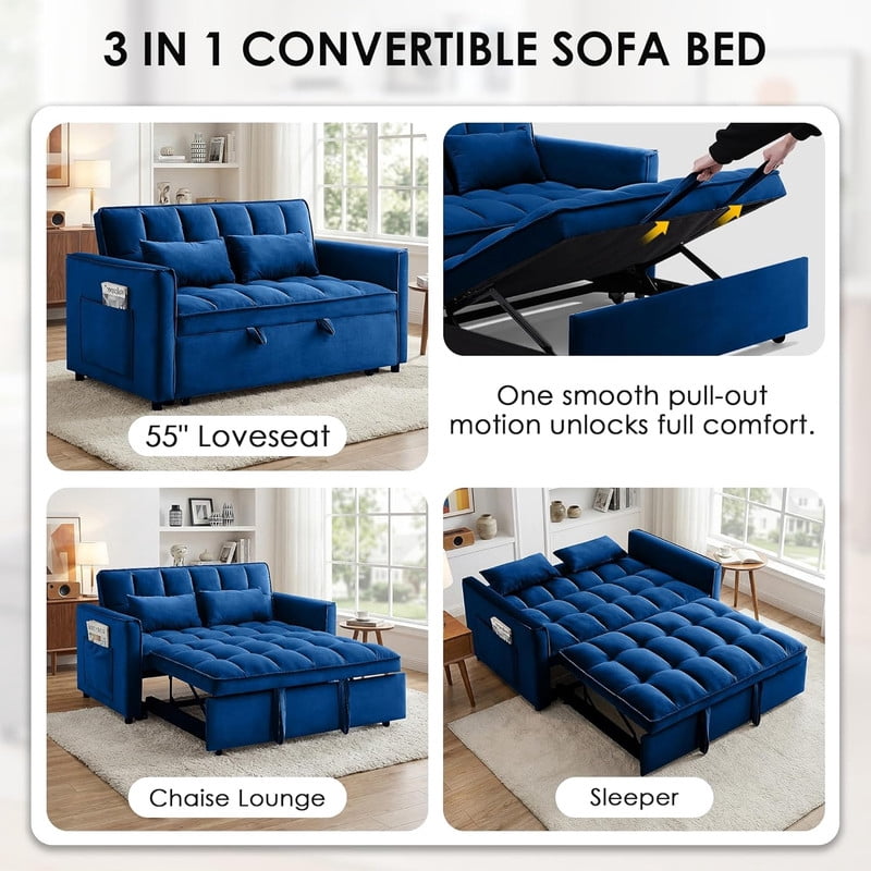 3 in 1 Convertible Sleeper Sofa Bed, 55" Modern Loveseat Pull Out Couch with Adjustable Reclining Backrest & Side Pockets, Velvet Loveseat for Living Room