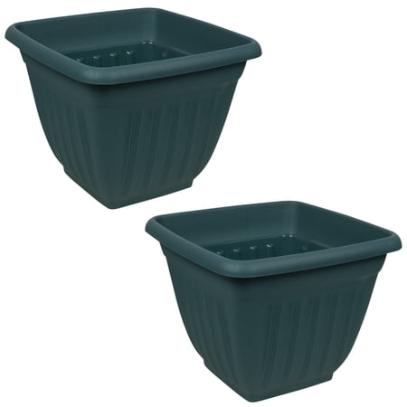 A1 Unlimited Fluted Square Plastic Planters (Dark Green)  Plastic Flower Pots with Drainage Hole Decorative Plants Flowers Herbs Container for Home Porch Patio Deck Garden  2pcs (7.75x7.75x6.875 in.)
