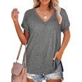 thumbnail image 4 of Qarigey Camiseta de mujer con cuello en V, manga corta de color sólido, blusa dividida de color sólido Prendas para la parte del cuerpo Gris claro SG Qarigey AP003161-29, 4 of 6