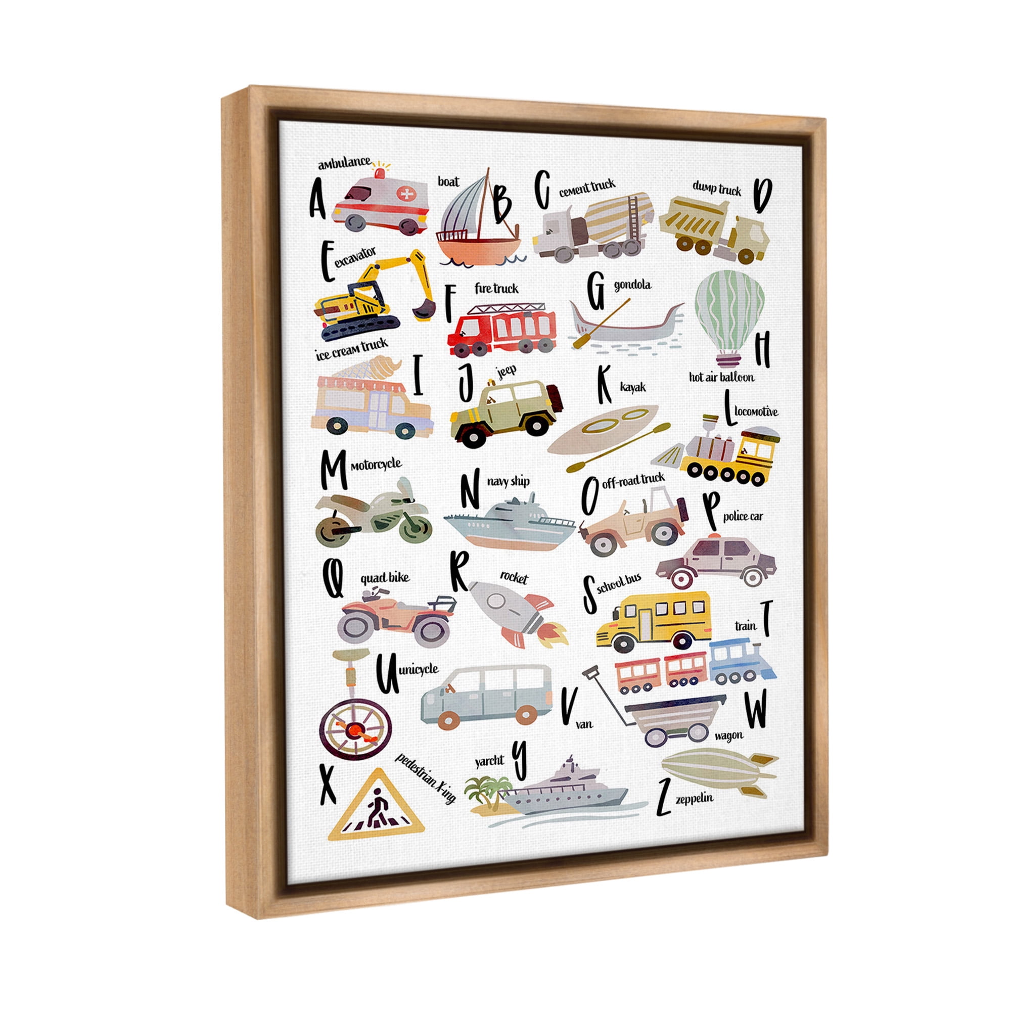Stupell Industries Educational Automobile Alphabet Transportation Painting Brown Floater Framed Canvas Art Print Wall Art, 25 x 31
