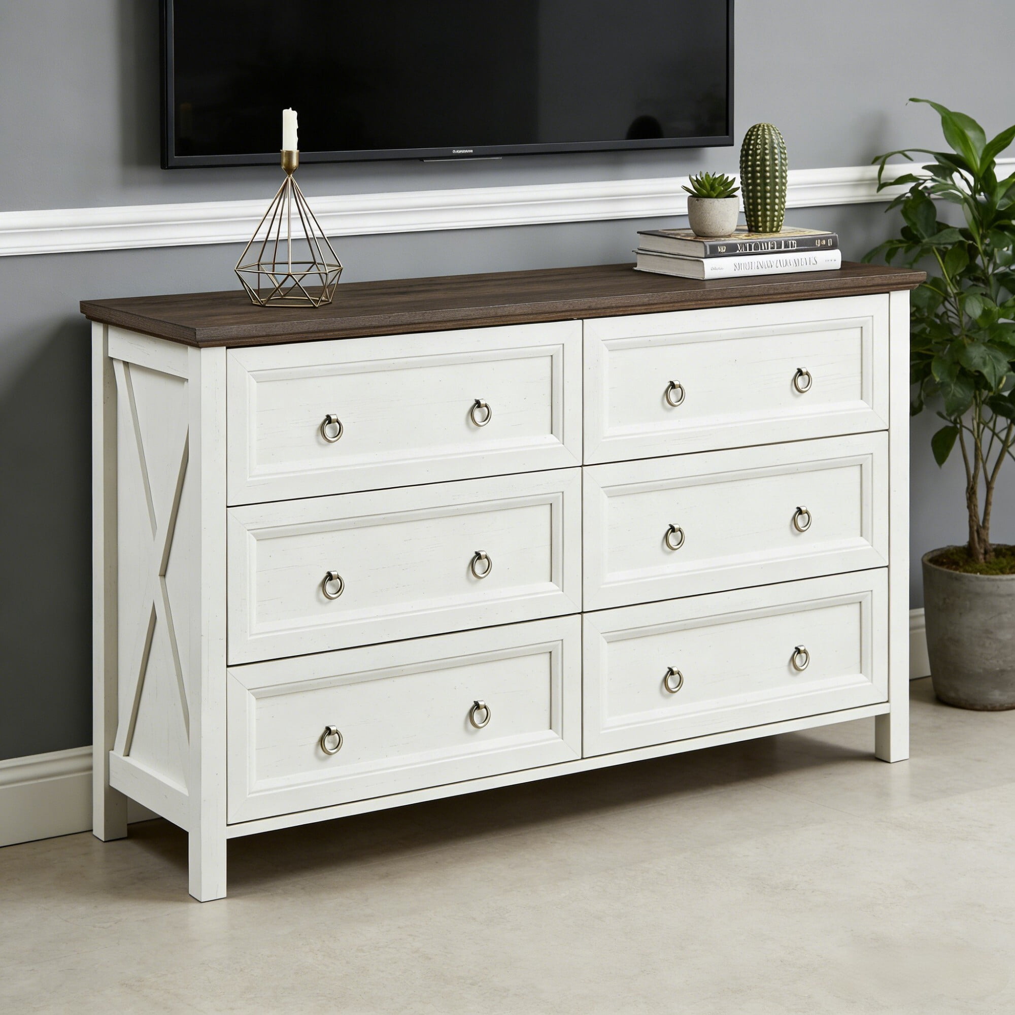 DEALTOPS 6-Drawer Farmhouse Dresser, 54" Wide Wood Storage Chest Bedroom Organizer with Metal Handles, White
