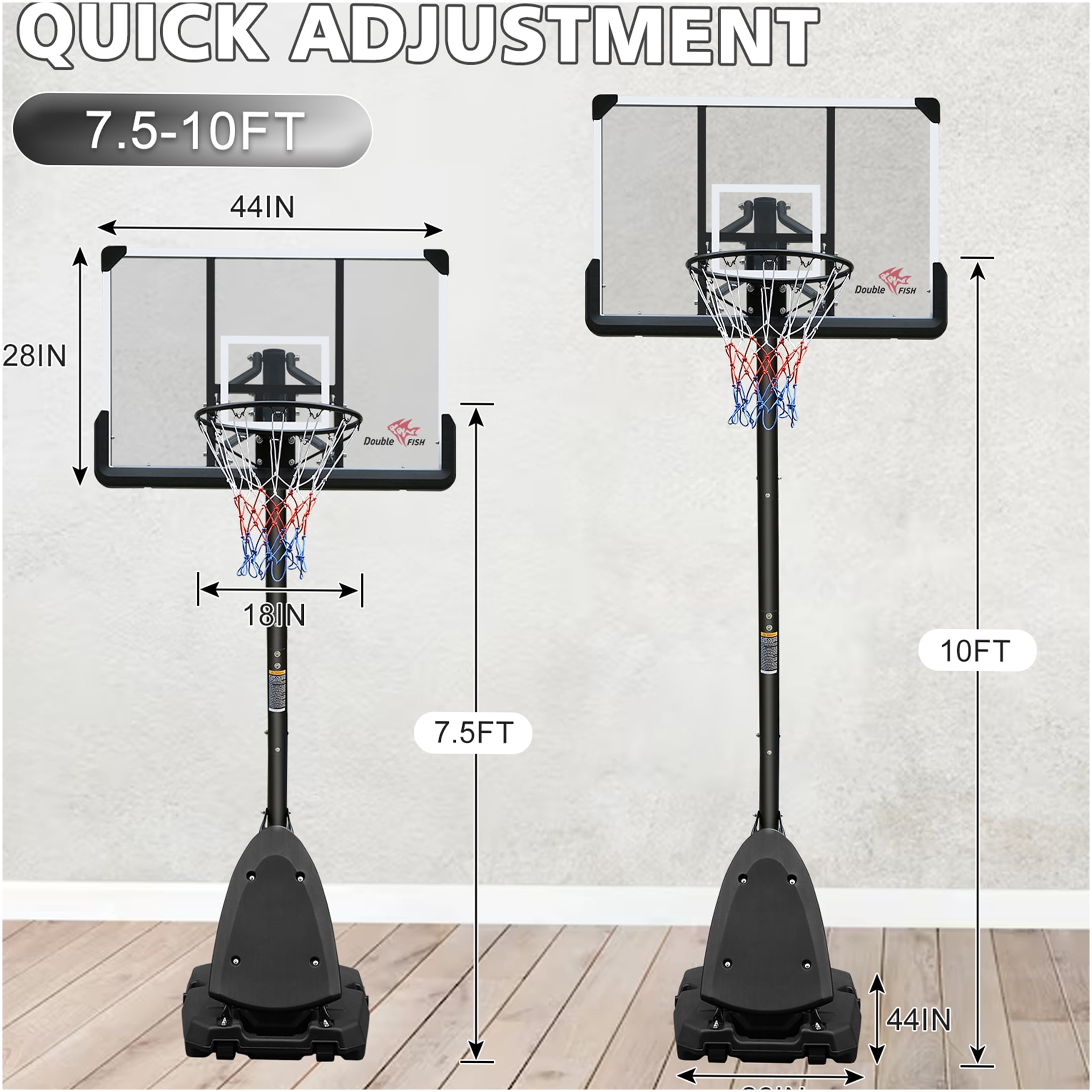 JERFIT 44" Portable Basketball Hoop System with Wheels, Height Adjustable 7.5-10ft Goal Post for Outdoor Indoor Use, Includes Sand/Water Base