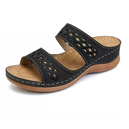 

Women Chic Sandals Pure-color Flower Printed Slippers Open Toe Breathable for Summer Beach Black 42