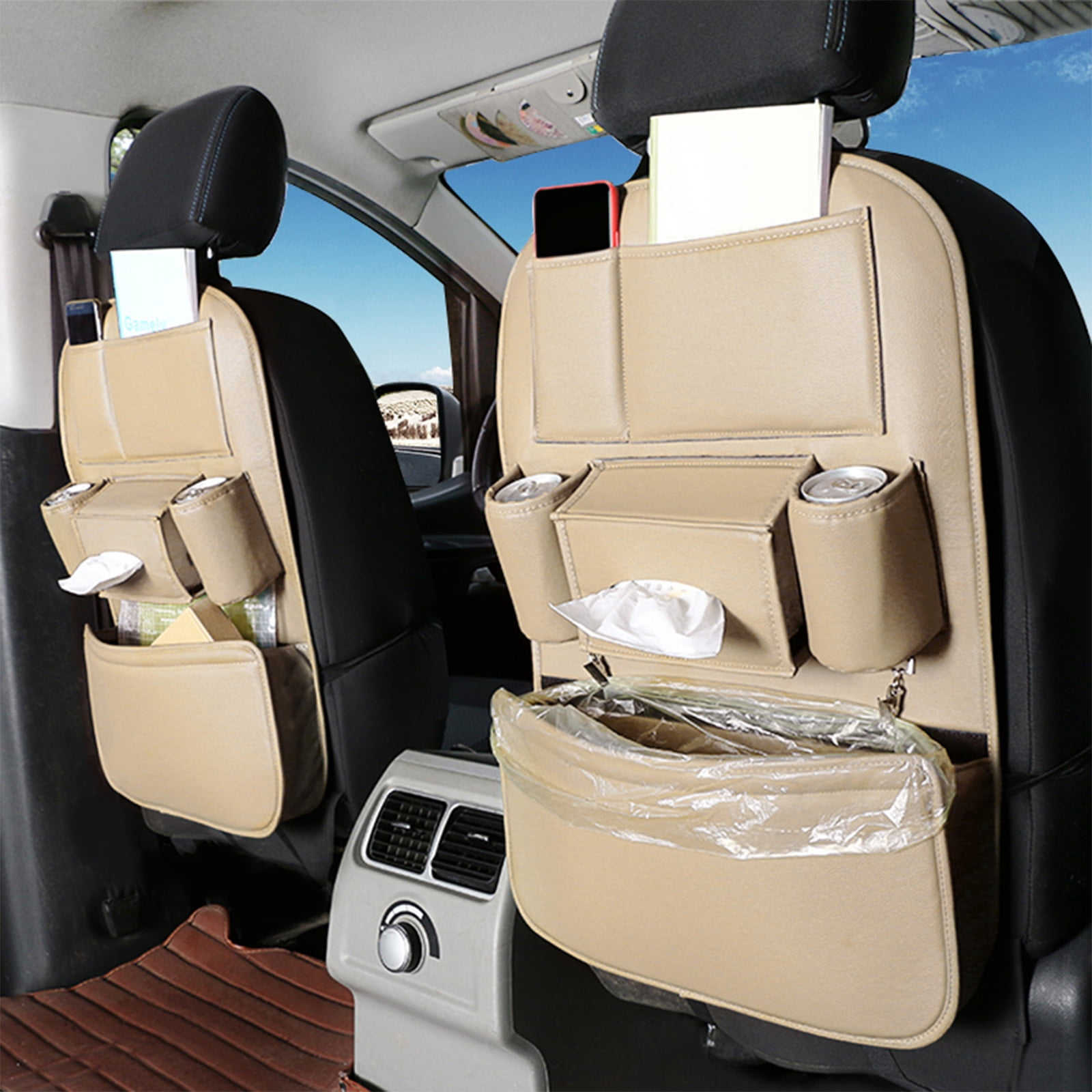 LSLJS Car Seat Organizers, PU Leather Backseat Protector with 5 Storage Pocket & Garbage Bag, Waterproof Car Rear Hanging Storage Shelf Back Seat Storage Bag Kick Mats Universal Interior Accessories