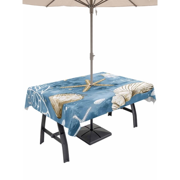 52x70 Inch Outdoor Tablecloth with Umbrella Hole Zipper Rectangle Blue Coastal Rectangular Tablecloths Outside Waterproof Summer Beach Starfish Shell Sea Patio Table Cloth Cover for Picnic Party