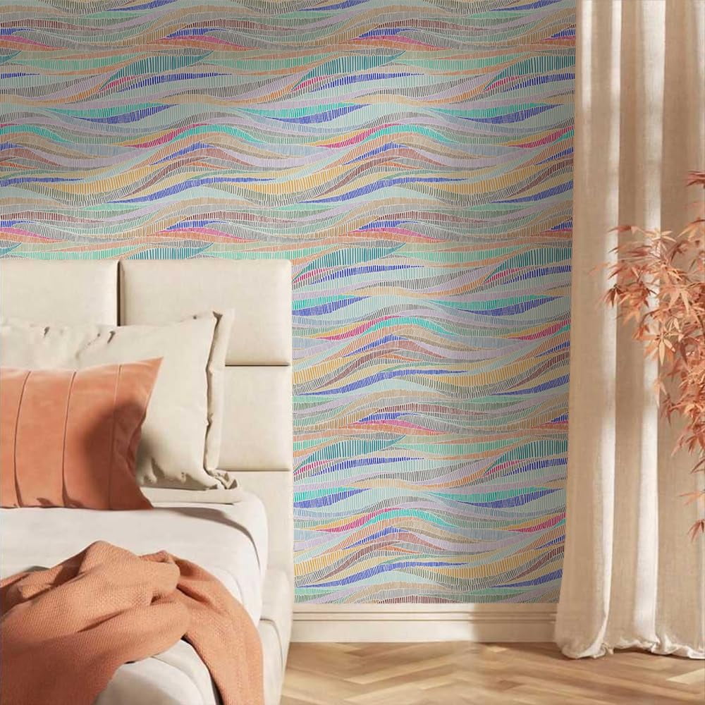 Colorful Geometrical Wave Mosaic Modern Peel and Stick Wallpaper Self Adhesive Removable Easy Peel Off Stick on Wall Paper for Bedroom Cabinet Renter Friendly
