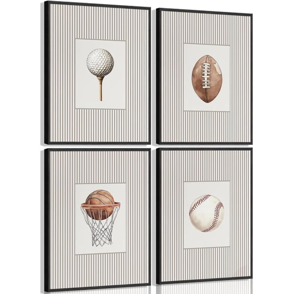 Aingg 4pcs Vintage Sports Wall Art Striped Baseball Football Golf Basketball Posters Artwork Grey Ball Painting Pictures Wall Decor for Boys Bedroom Nursery Unframed