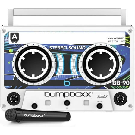 Restored Bumpboxx Remixx Bluetooth Boombox Bluetooth Speaker with The Looks of a Cassette | Bringing Back The Retro Cassette Vibes | Includes Wireless Microphone | White Frost (Refurbished)
