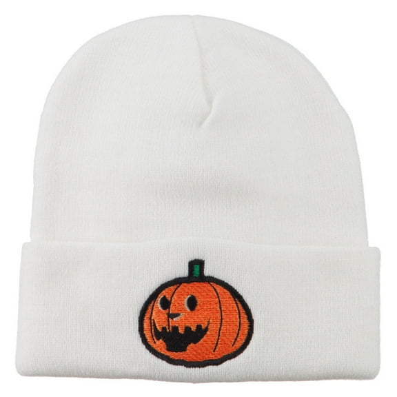 Halloween Laughing Jack o Lantern Embroidered Long Beanie - White OSFM