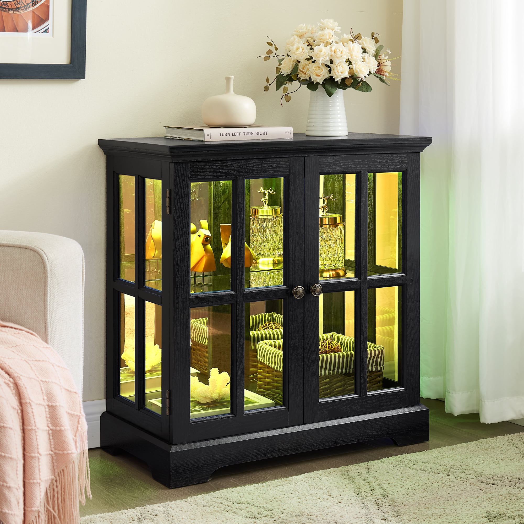 Leumius LED Curio Display Cabinet, Antique Display Cabinet with Adjustable Shelves, Retro Design Quality Showcase with Lattice Doors Elegant Bookcase and Storage Cabinet for Home Decor Black