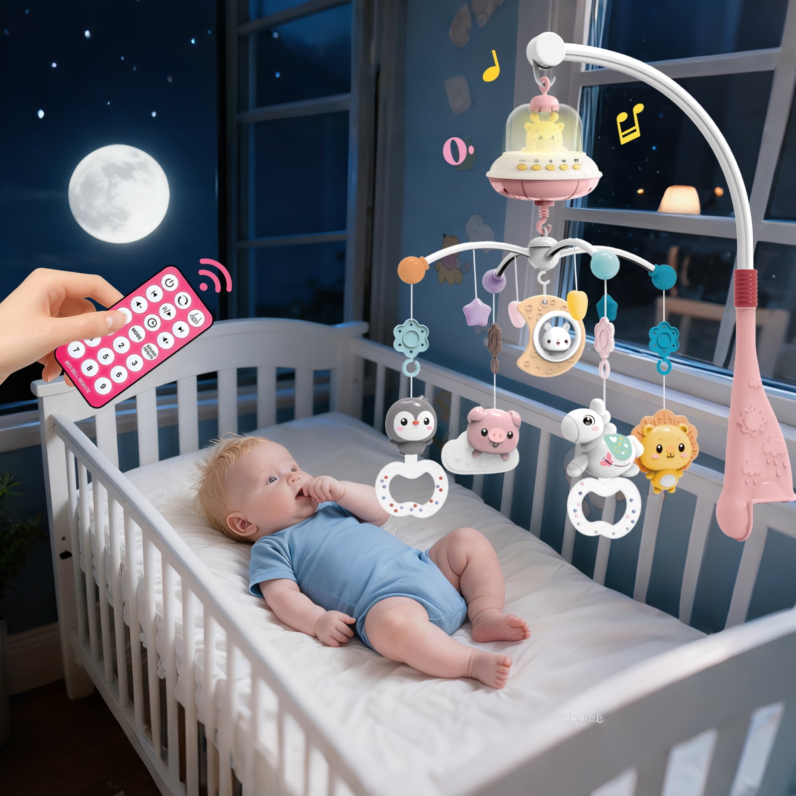 Sunforu Remote Control Crib Mobile with Music & Rotating Star Light Projector, Detachable Hanging Animal Toys for Newborn Baby Girls & Boys Nursery Decor