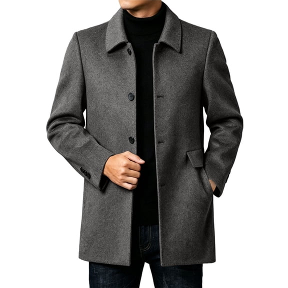 LYSMORA 2026 Men's Lapel Collar Mid Length Wool Blend Coat, Button Front Flap Side Pockets Loose Fit Fall Winter Warm Business Casual Outerwear