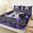 thumbnail image 4 of Feelyou Fashion Monogrammed K Twin Sheet Sets, Bling Butterfly Animal Twin Fitted Sheet, Black Purple Sequin Print Flat Sheet, Breathable Home Decor, 3-Piece, 4 of 8