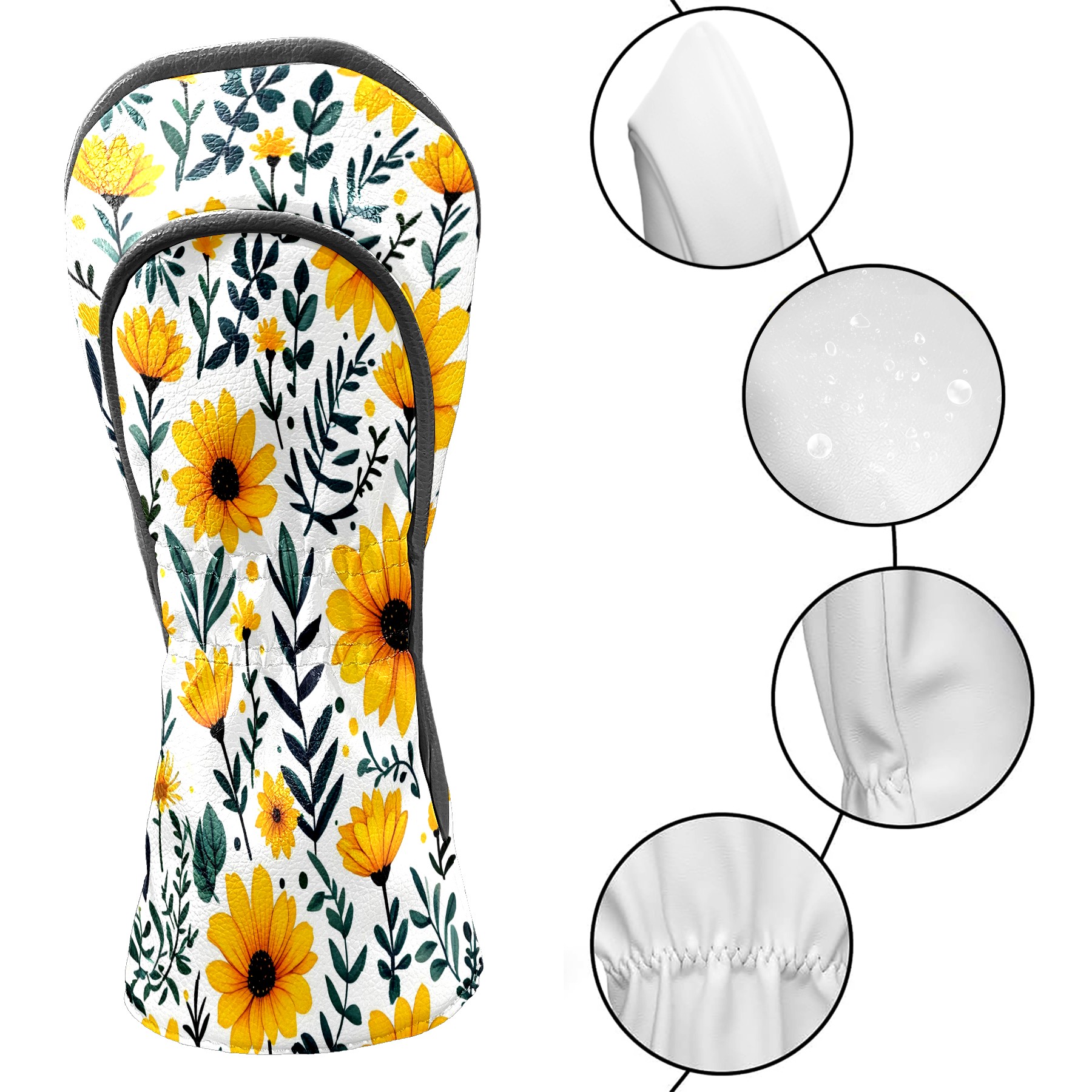 Golf Club Covers, Watercolor Yellow Flowers Premium PU Leather Driver Hybrid Putter Head Covers with Velvet Lining, Waterproof Golf Gifts for Men Women