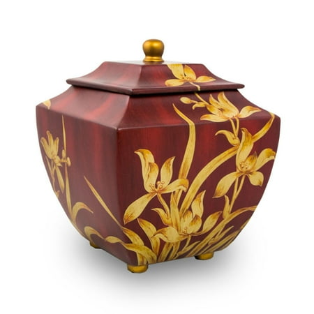Large Wood Urn - Wood Cremation Urn For Adults - Extra Large 230 Pounds - Burgundy Red Orchid - Engraving Sold Separately