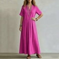 thumbnail image 4 of IUYRTFE Women's V Neck Short Sleeve Maxi Dress Cotton Linen Loose Fit Summer Casual Long Vacation Dress, 4 of 6