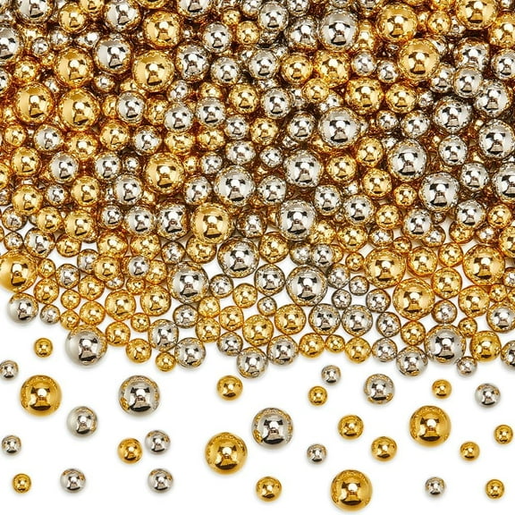 1200Pcs No Hole Plastic Beads Vase Filler Bead Bulk Golden Silver Highlight Round Art Imitation Makeup Pearl Loose Small Bead for Fillers Decorations Jewelry Making Nail DIY Crafts