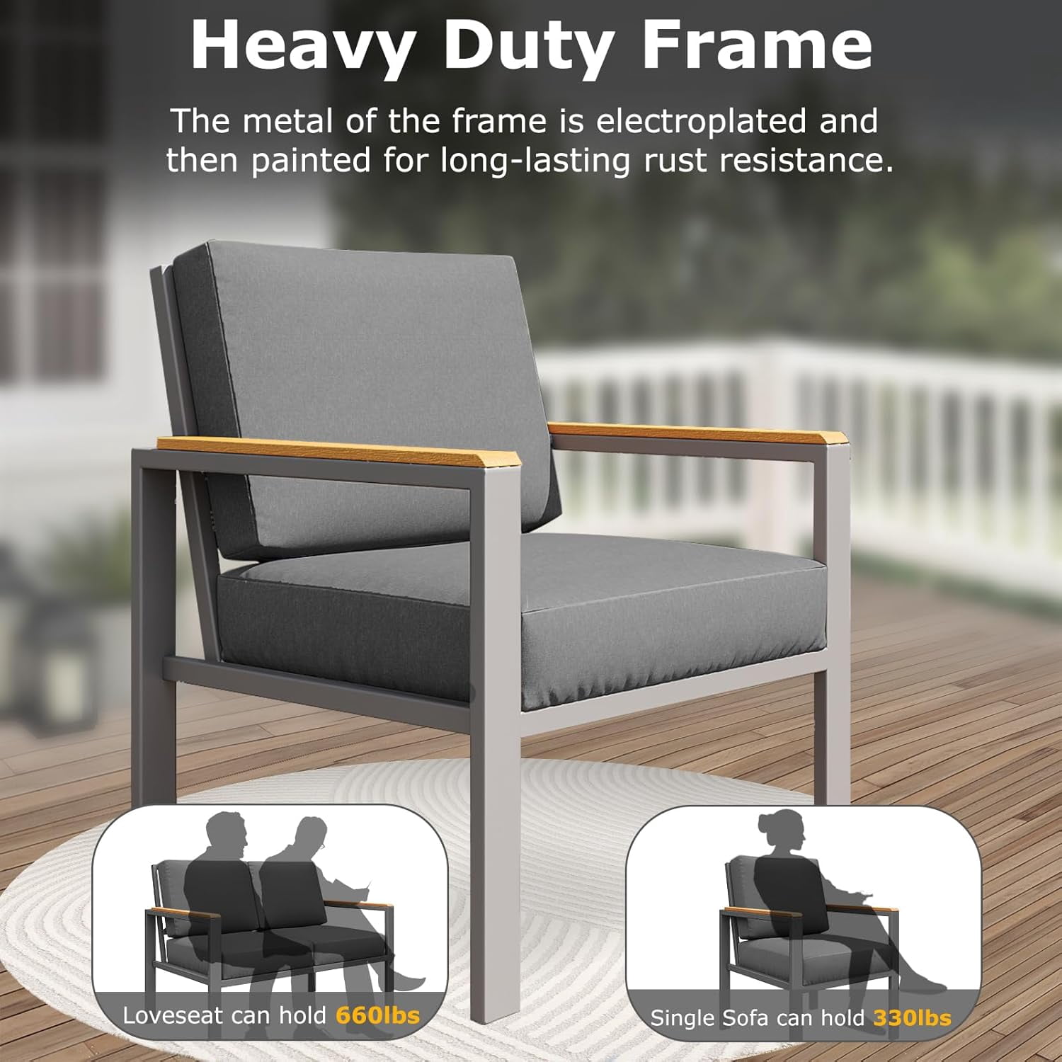 JXXM 4-Piece Outdoor Patio Conversation Set, Metal Furniture with Cushions & Coffee Table, Black