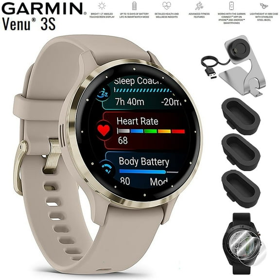 Garmin 010-02785-02 Venu 3S Health Fitness GPS Smartwatch Gold Steel Bezel with French Gray Case 41mm Bundle with Deco Essentials Charging Dock, Dust Cover 3 Pack and 2-Pack Screen Protector