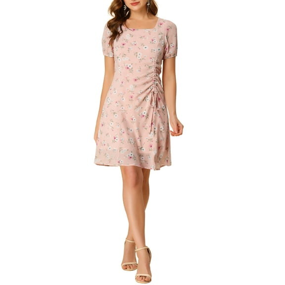 INSPIRE CHIC Women's Summer Drawstring Ruched Decor Short Sleeve Floral Dress XS Pink
