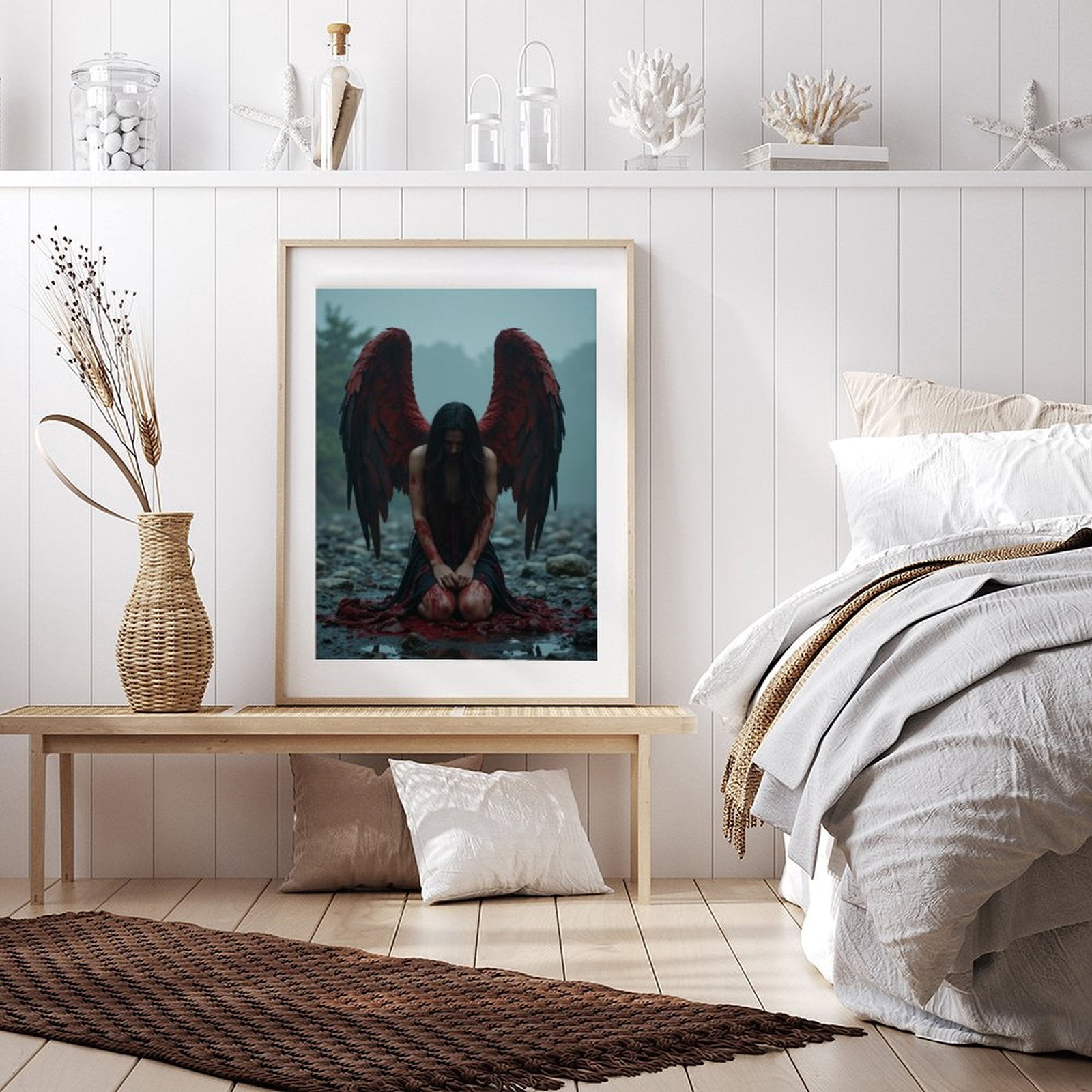 Diamond Art Kit for Adults, Dark Angel Red Wings Kneeling Riverbed Diamond Painting for Adults Beginners, DIY Diamond Art Painting Kits, 5D Diamond Painting Crafts for Home Decor 12x16 Frameless