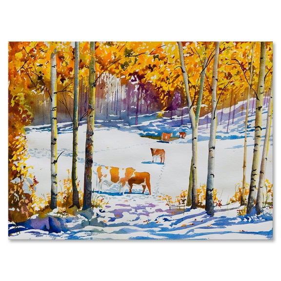 Designart ' Cattles In The Early Snow In The Tree Forest ' Farmhouse Canvas Wall Art Print