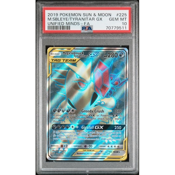 2019 Pokemon Sun and Moon Unified Minds Mega Sableye/Tyranitartag Gx #225 PSA 10