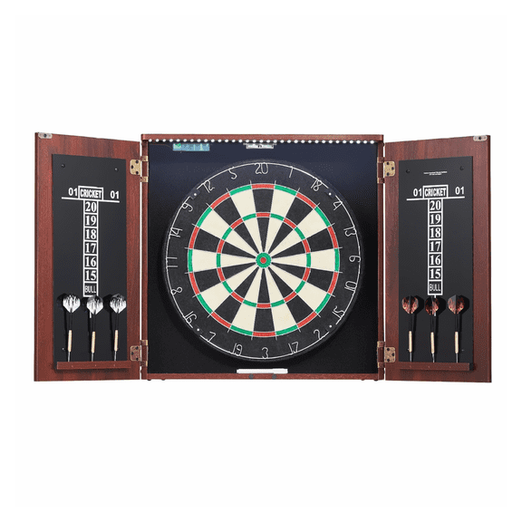 Dartboard Cabinet Set with LED Lighting - Official Size Steel Tip Darts - Complete Accessory Kit for Game Room