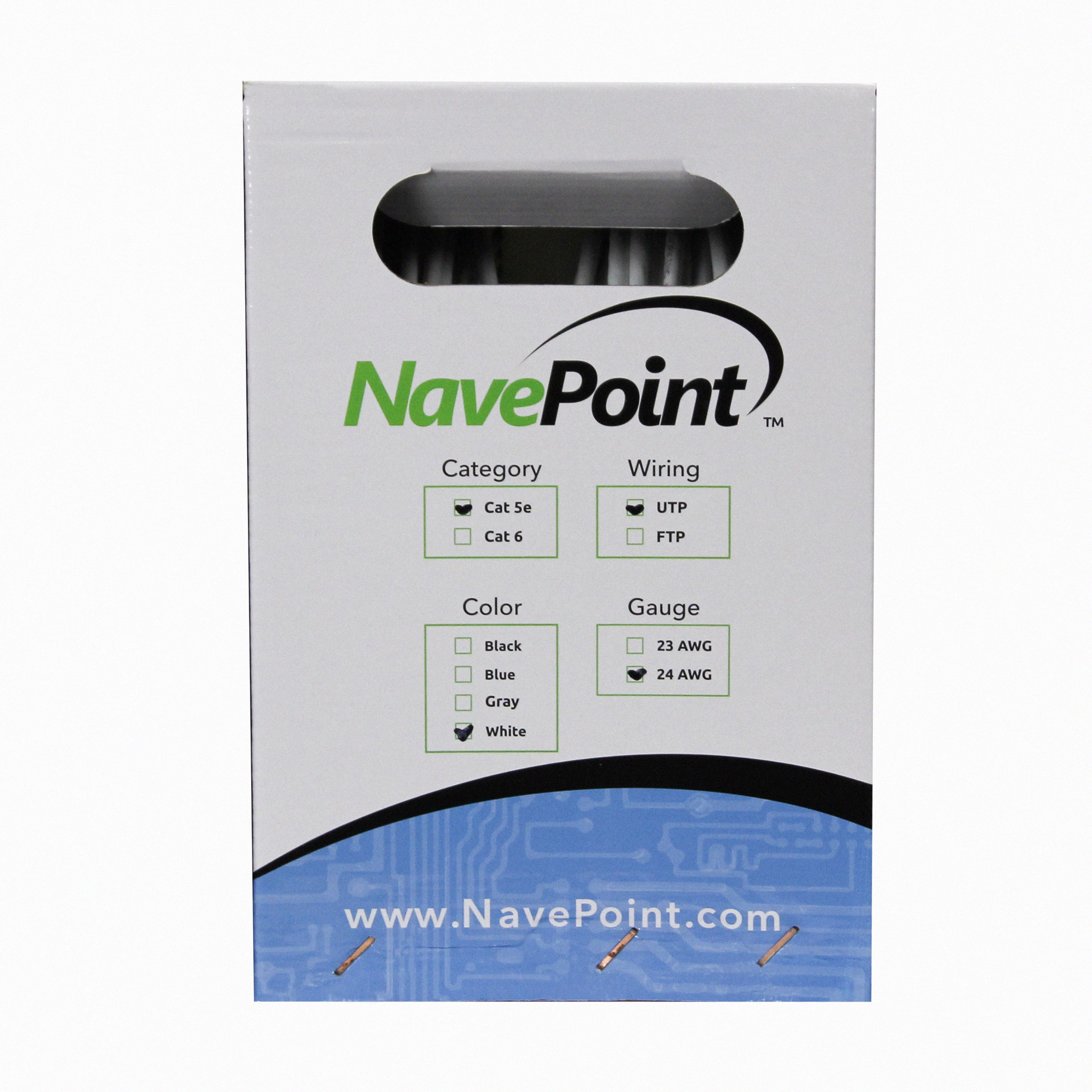 NavePoint CAT5e (CCA), 250ft, White, Solid Bulk Ethernet Cable, 24AWG 4 Pair, Unshielded Twisted Pair (UTP)
