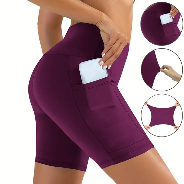 TaTaai Women's High Waisted Yoga Shorts with Pockets Solid Color Stretchy Athletic Workout Shorts Non-See-Through Running Gym Fitness Tummy Control Shorts Gift