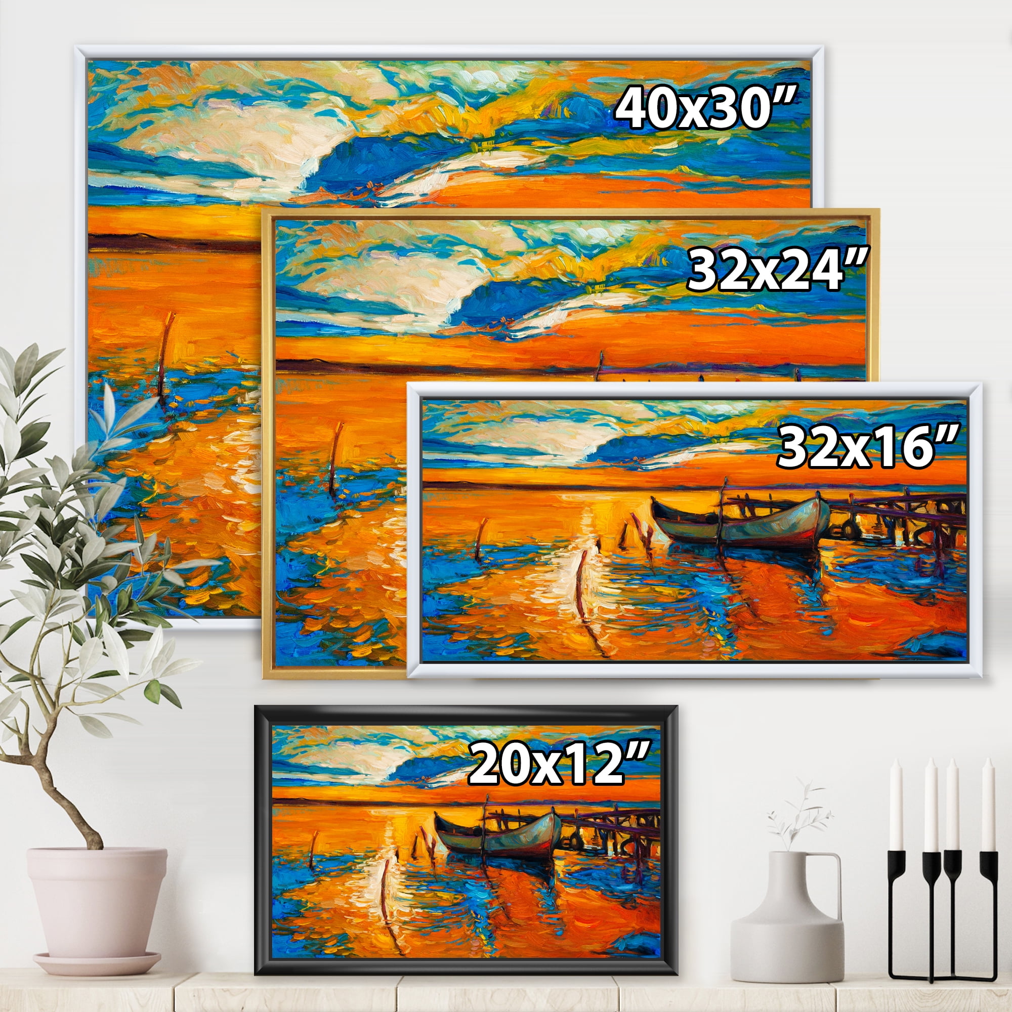Designart 'Boat At The Lake During Evening Glow VII' Nautical & Coastal Framed Canvas Wall Art Print