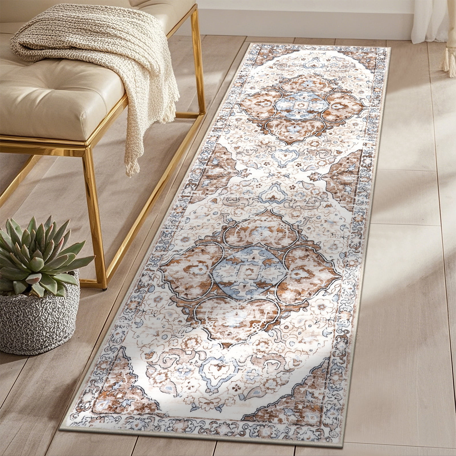 MeyJey Boho Indoor Hallway Runner Rug 2'x6', Oriental Non Slip Machine Washable Area Rug Distressed Vintage Floor Carpet for Bedroom Kitchen Dinning/Living/Laundry Room, Beige/Brown