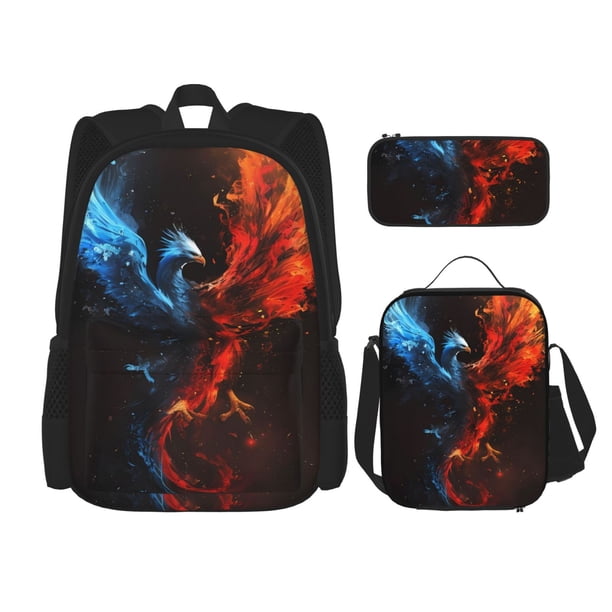 Balery Red And Blue Fire Bird Mochila escolar 3 en 1 para niños: mochila resistente con lonchera térmica y estuche para lápices. Mochila escolar para niños y niñas.