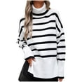 thumbnail image 2 of Women's Striped Pullover Sweater Turtleneck Side Slit Knitted Long Sleeve Loose Fit, 2 of 7