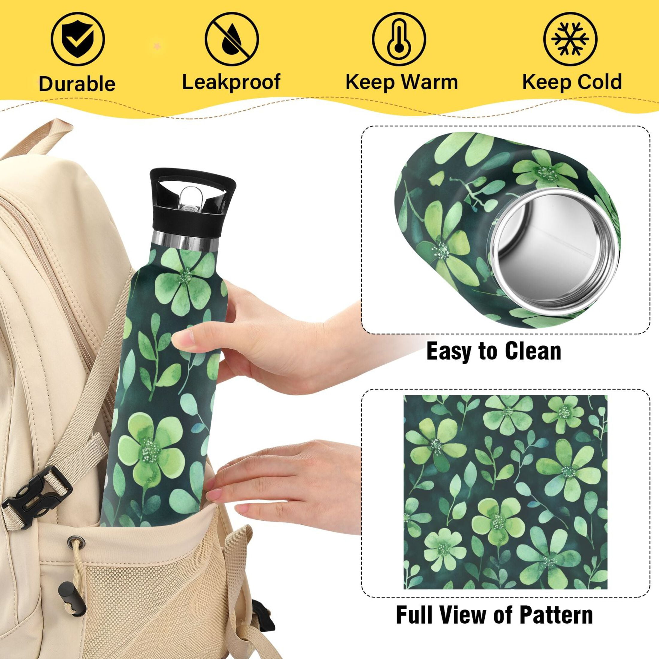 600ML Stainless Steel Insulated Cup Sports Water Bottle Portable Thermos Cup Water Glasses Insulated Tumblers Convenient and Durable Cartoon Green Flowers