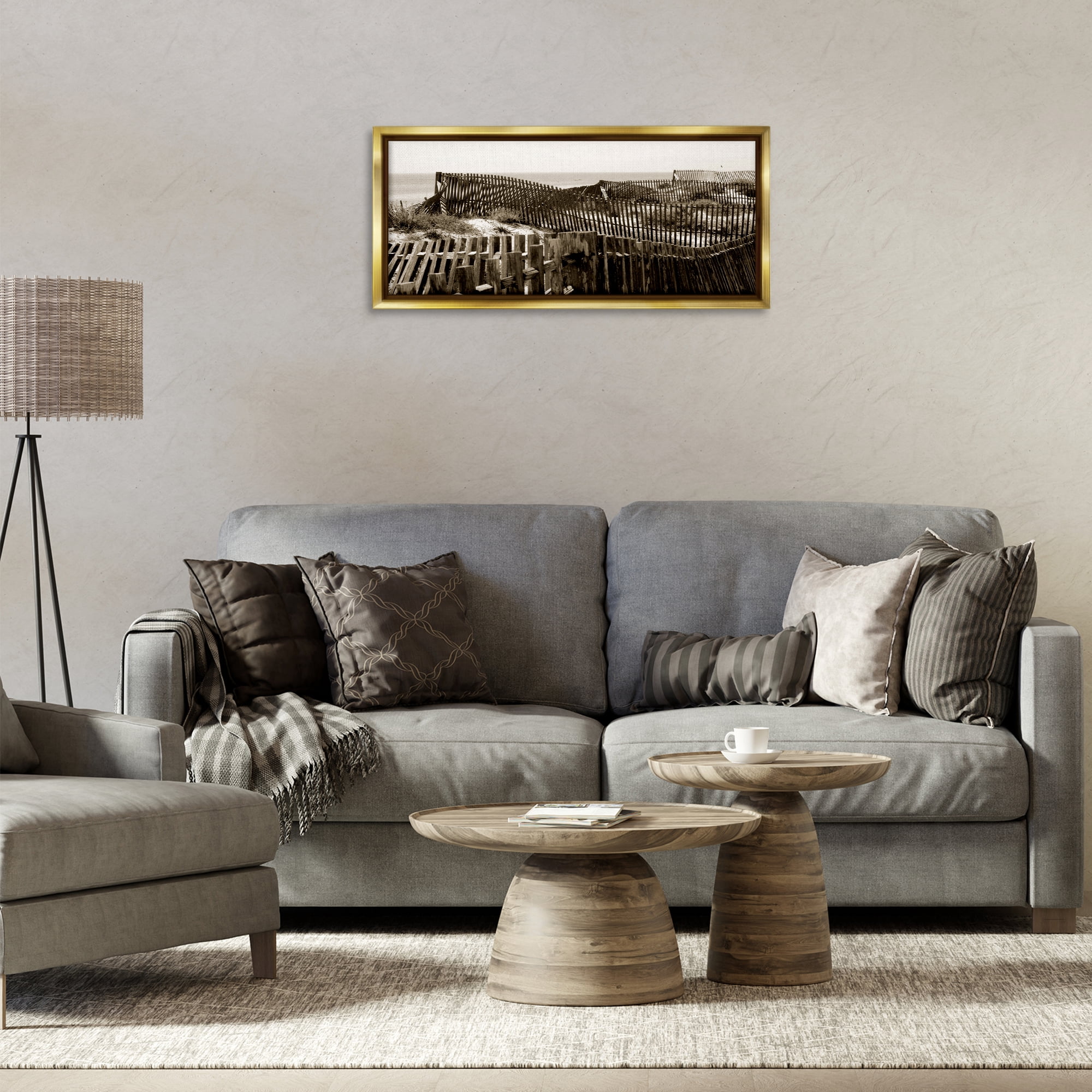 Stupell Industries Winding Beach Fence Landscape & Nature Photography Gold Floater Framed Canvas Art Print Wall Art, 31 x 14