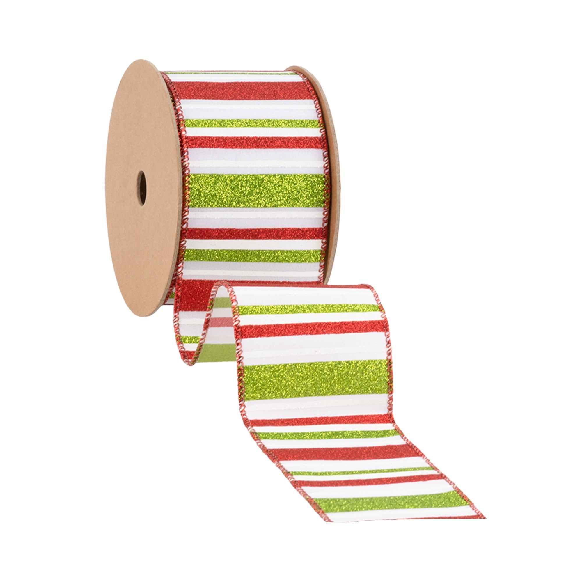 LaRibbons 2 1/2" Wired Ribbon, Red, Green, White Horizontal Glittered Stripes on White, 10 Yard Roll