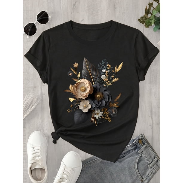 Camiseta de Mujer con Estampado Floral - Manga Corta, Cuello Redondo Casual en Teal y Dorado, Diseño Transpirable para Verano y Primavera, Lavable a Máquina, Ajuste Regular, Camisa Suave y Cómoda