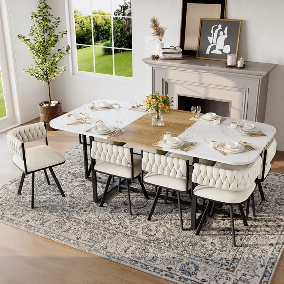 Dining Table Set, 9-Piece Square White Faux Marble and Wood Grain MDF Table with 8 Beige Velvet Chairs, Black Metal Frame, Modern Kitchen and Dining Room Set for 8 People