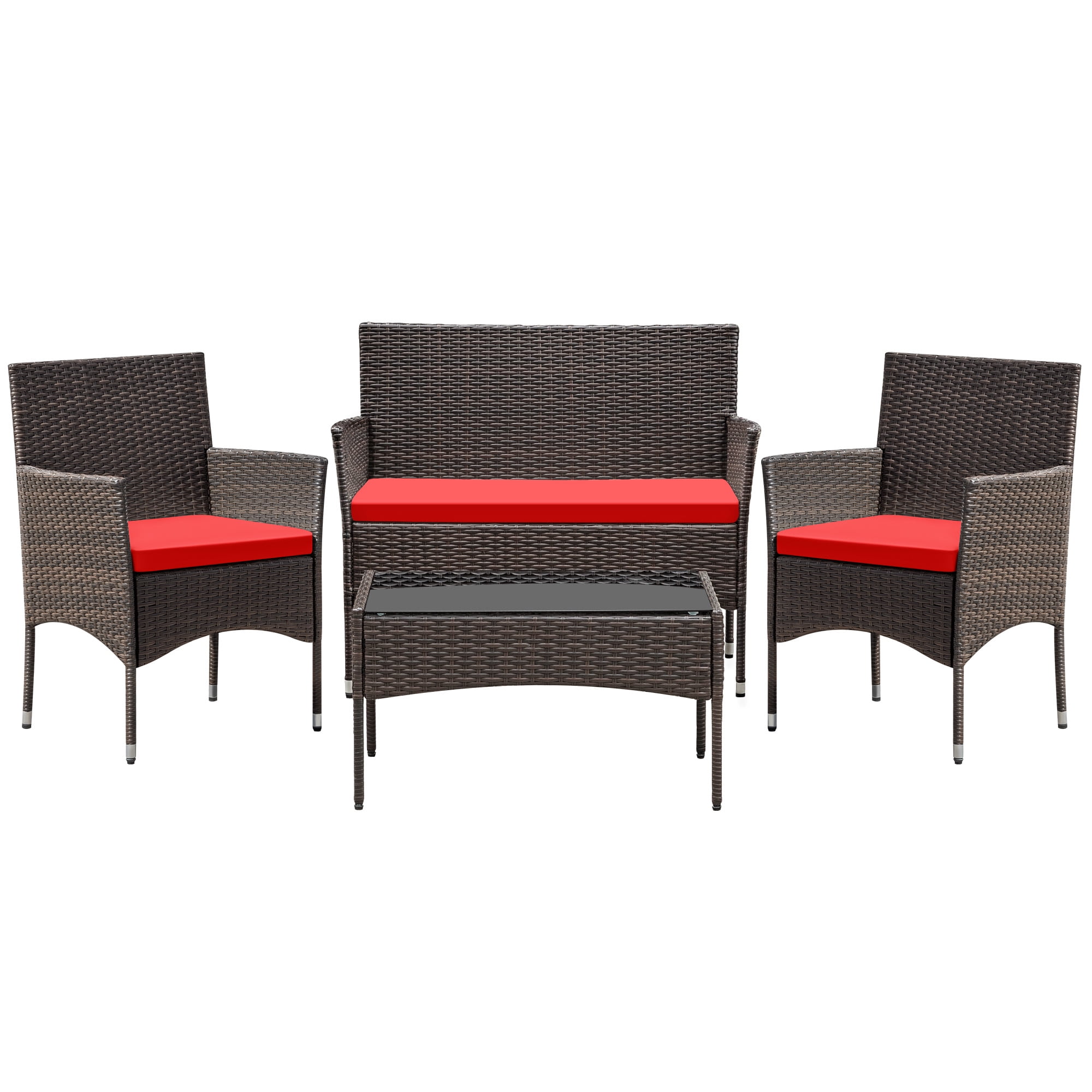 Vineego 4 4PCS Patio Furniture Set Outdoor Conversation Rattan Chairs with Cushion and Loveseat Glass Table for Garden Backyard Porch, Brown/ Red