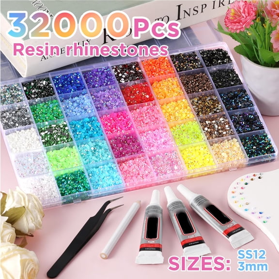 40 Colors Resin Jelly Rhinestones for Bedazzling, 3mm 32000 Pcs Flatback Gems for Crafting, Bedazzling Kit with 3Pcs B7000 Glue for Clothing Shoes Nail Book Diamond Art