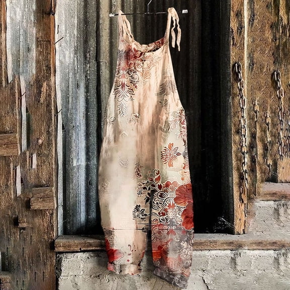 Xdegoge Linen Vintage Print Sleeveless Jumpsuits for Women Casual Tie Knot Strap Wide Leg Overalls Boho Summer Beach Baggy Rompers Loose Flowy Lounge Playsuit Wear