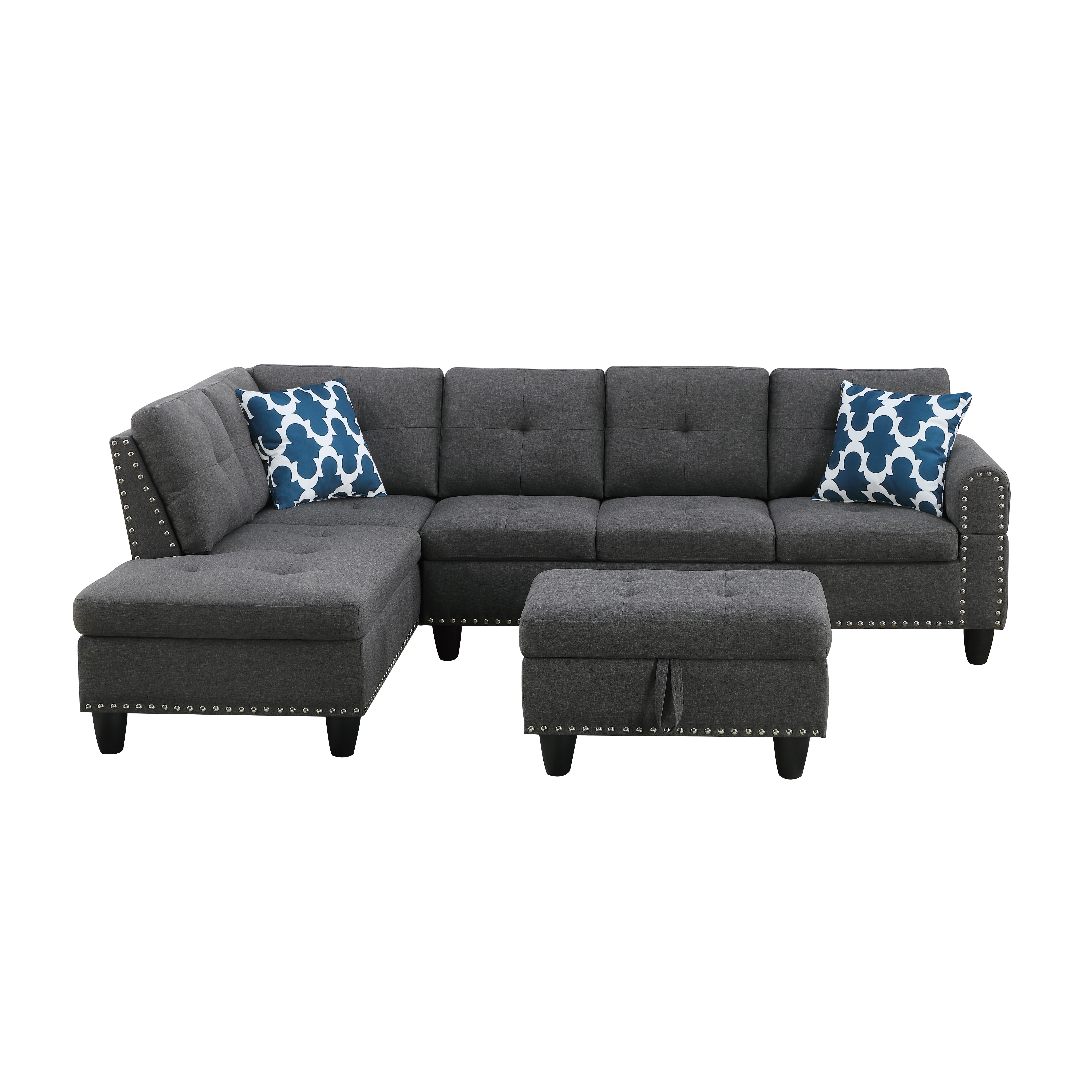 Gewnee L-Shaped Sofa & Chaise Sectional, Linen Blend Fabric Upholstered Couch with Storage Ottoman, Nailhead Trim and Toss Pillows for Living Room Apartment, Dark Gray