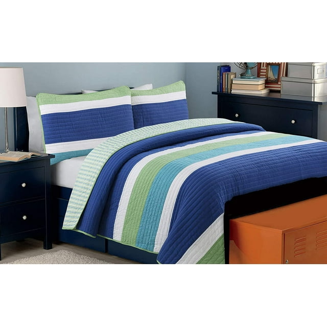 Cozy Line Home Fashions Waylon Ensemble de Courtepointe, Imprimé à Rayures Bleu Marine Vert Blanc, Couvre-Lit Réversible 100 % Coton (Bleu/vert, Lit Simple - 3 Pcs)