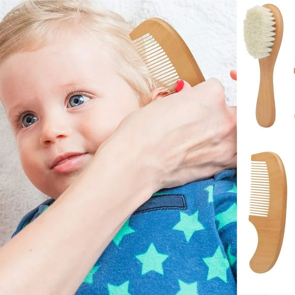 2 Pack Baby Hair Brush and Comb Set Natural Wooden Cradle Cap Care Soft Gentle Grooming Kit