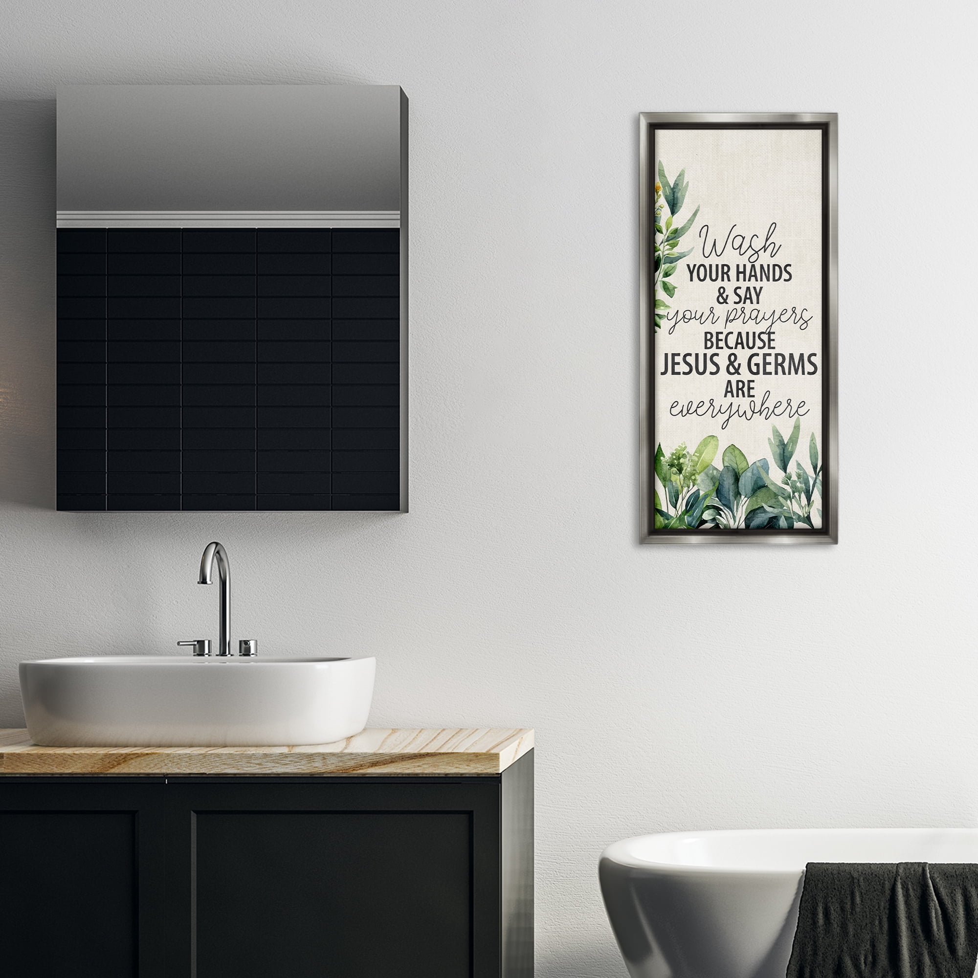Stupell Industries Jesus & Germs Hygiene Bath & Laundry Painting Gray Floater Framed Canvas Art Print Wall Art, 14 x 31